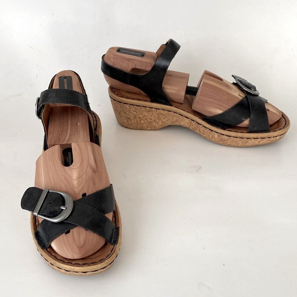 Josef Seibel Black Leather Sandals Cork Wedge Us 7.5 Boho Coastal Vacation Beach